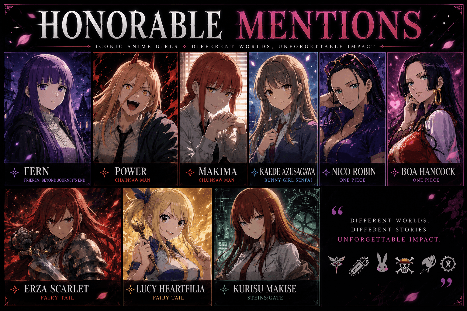 Honorable mention anime girls including Fern, Power, Makima, Nico Robin, Boa Hancock, Erza Scarlet, and Kurisu Makise