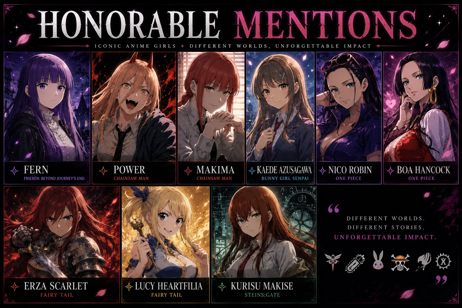 Honorable mention anime girls including Fern, Power, Makima, Nico Robin, Boa Hancock, Erza Scarlet, and Kurisu Makise