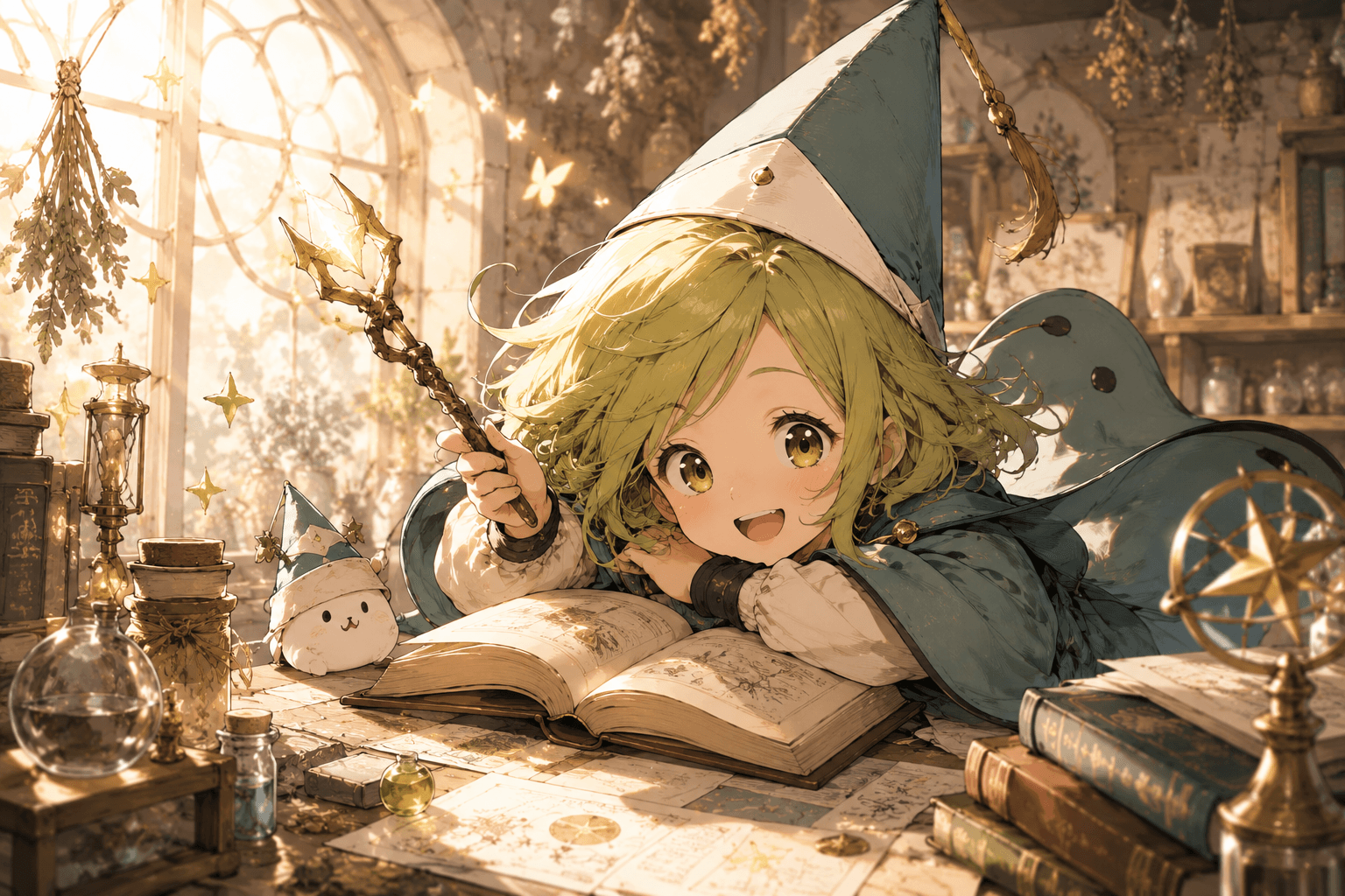 Coco from Witch Hat Atelier in her blue apprentice witch robes holding a drawing pen