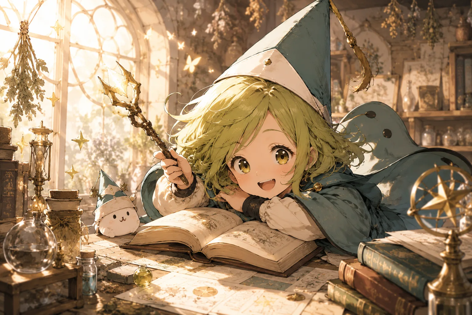 Coco from Witch Hat Atelier in her blue apprentice witch robes holding a drawing pen