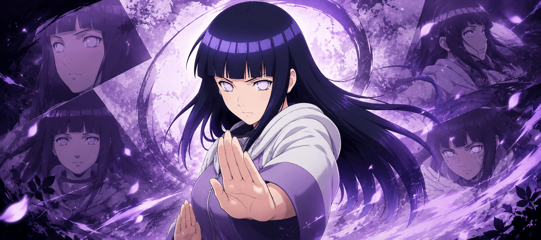 Hinata Hyuga from Naruto in her Byakugan-activated stance, illustrating her shy-to-fighter character arc