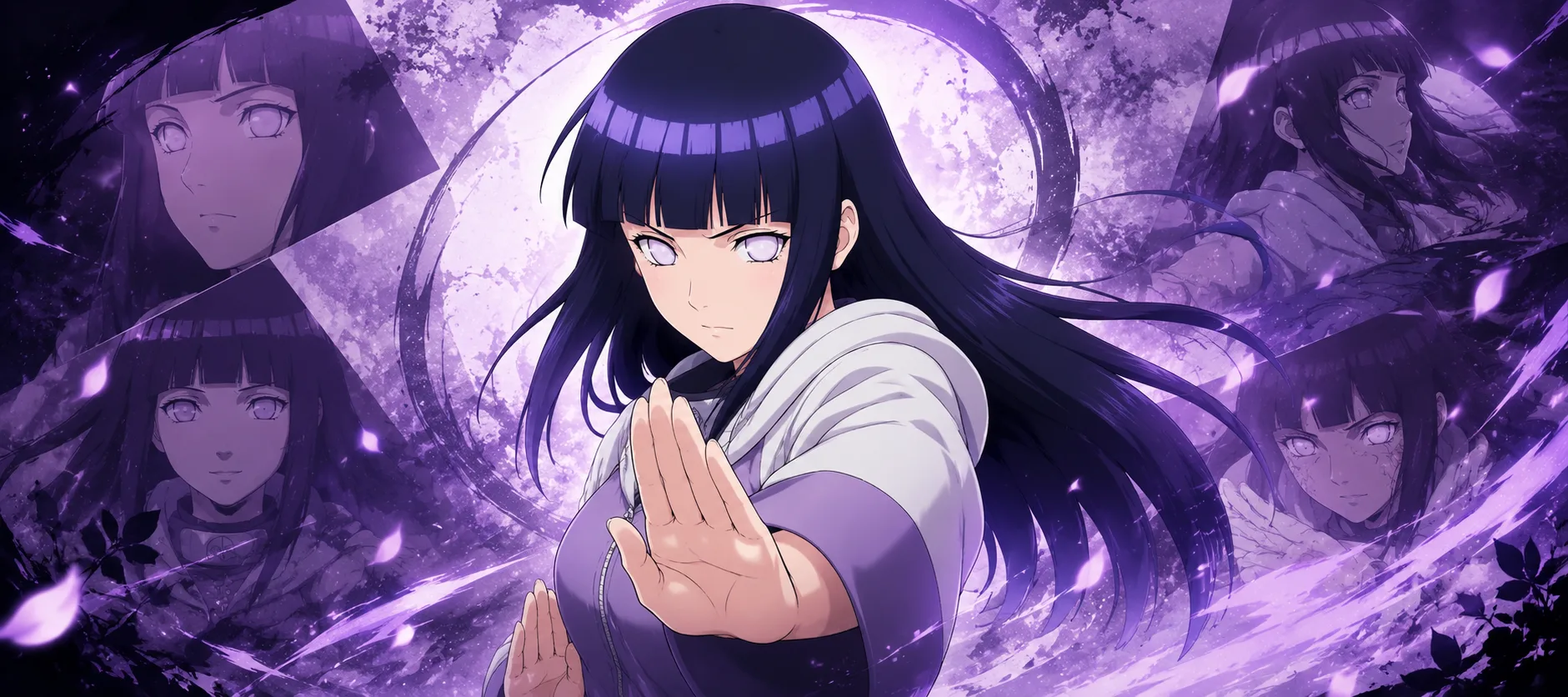 Hinata Hyuga from Naruto in her Byakugan-activated stance, illustrating her shy-to-fighter character arc