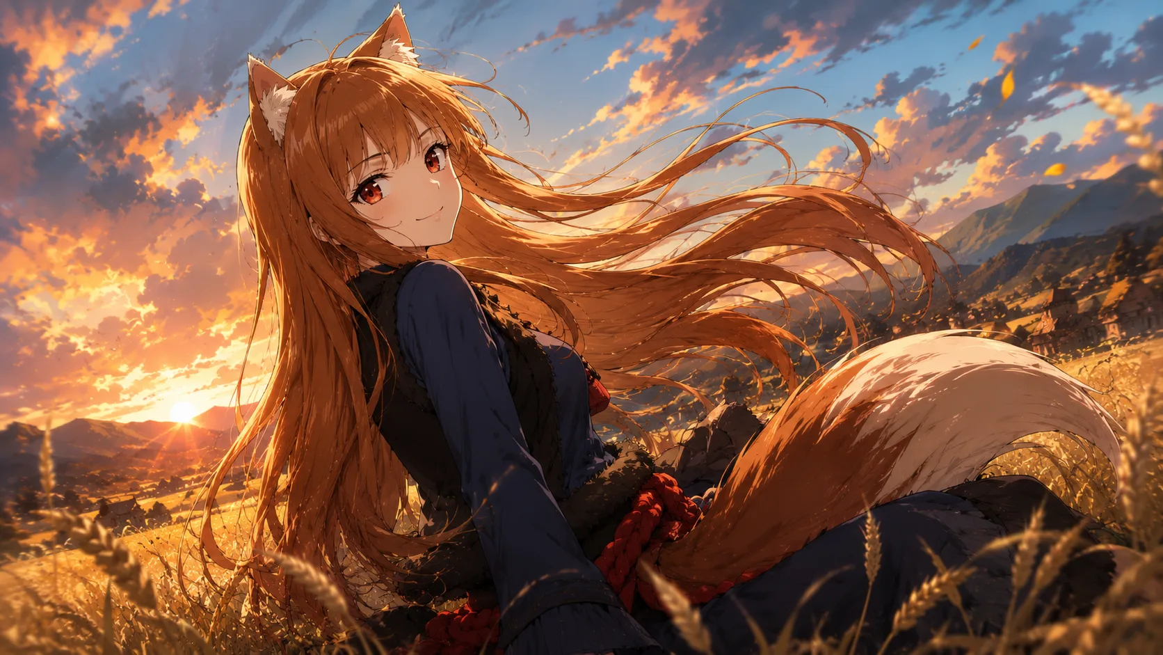 Holo the Wise Wolf from Spice and Wolf with her fox-like ears and tail, smiling beside Kraft Lawrence