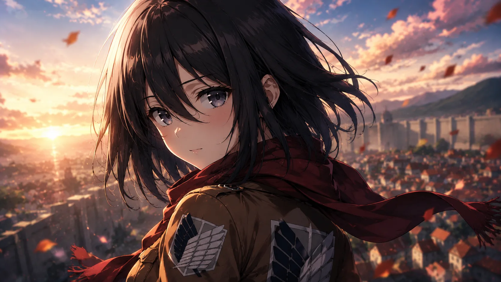 Mikasa Ackerman from Attack on Titan in Survey Corps uniform wielding twin blades