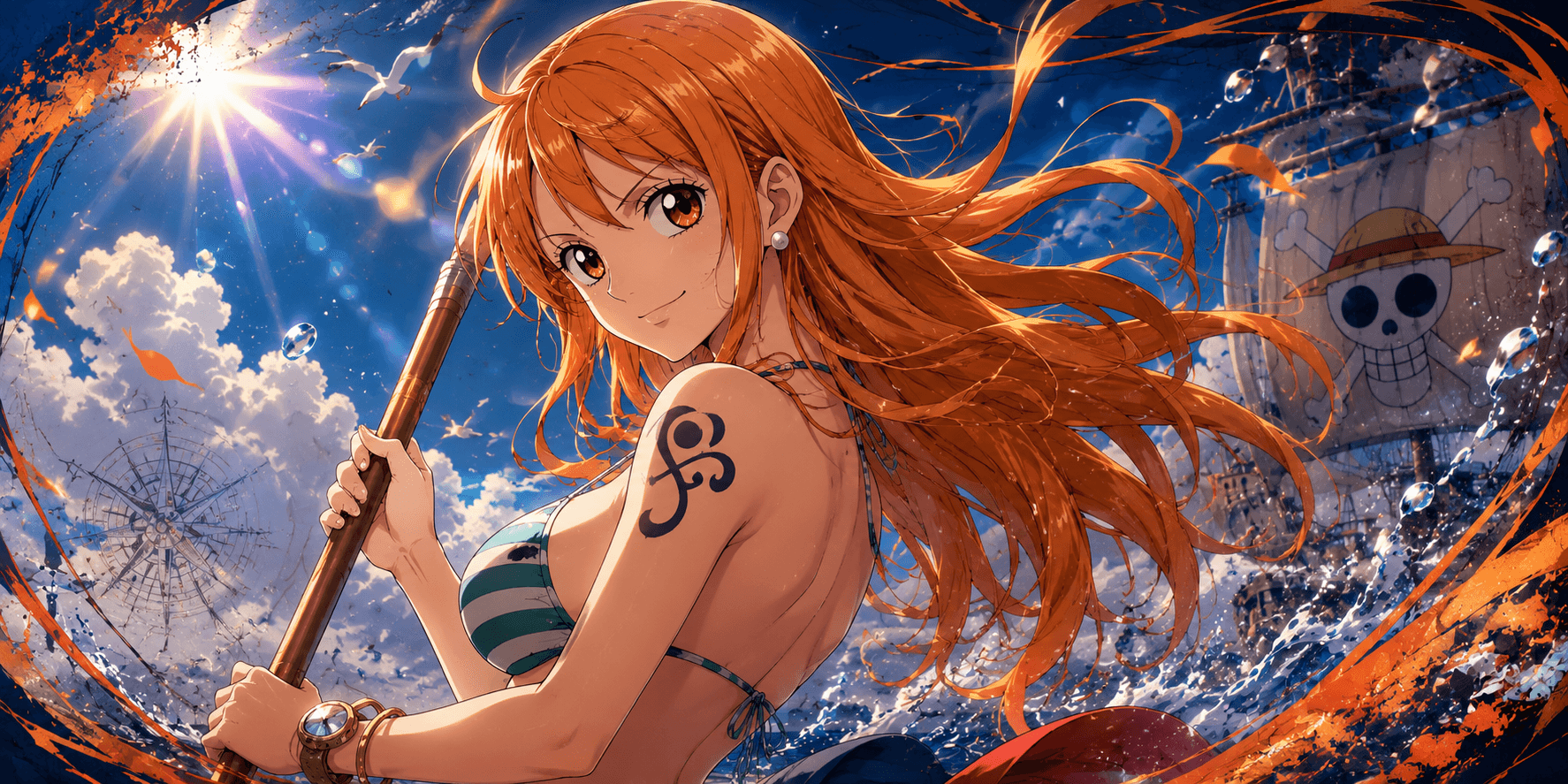 Nami from One Piece holding her Clima-Tact weapon, the Straw Hat Pirates' navigator and weather expert