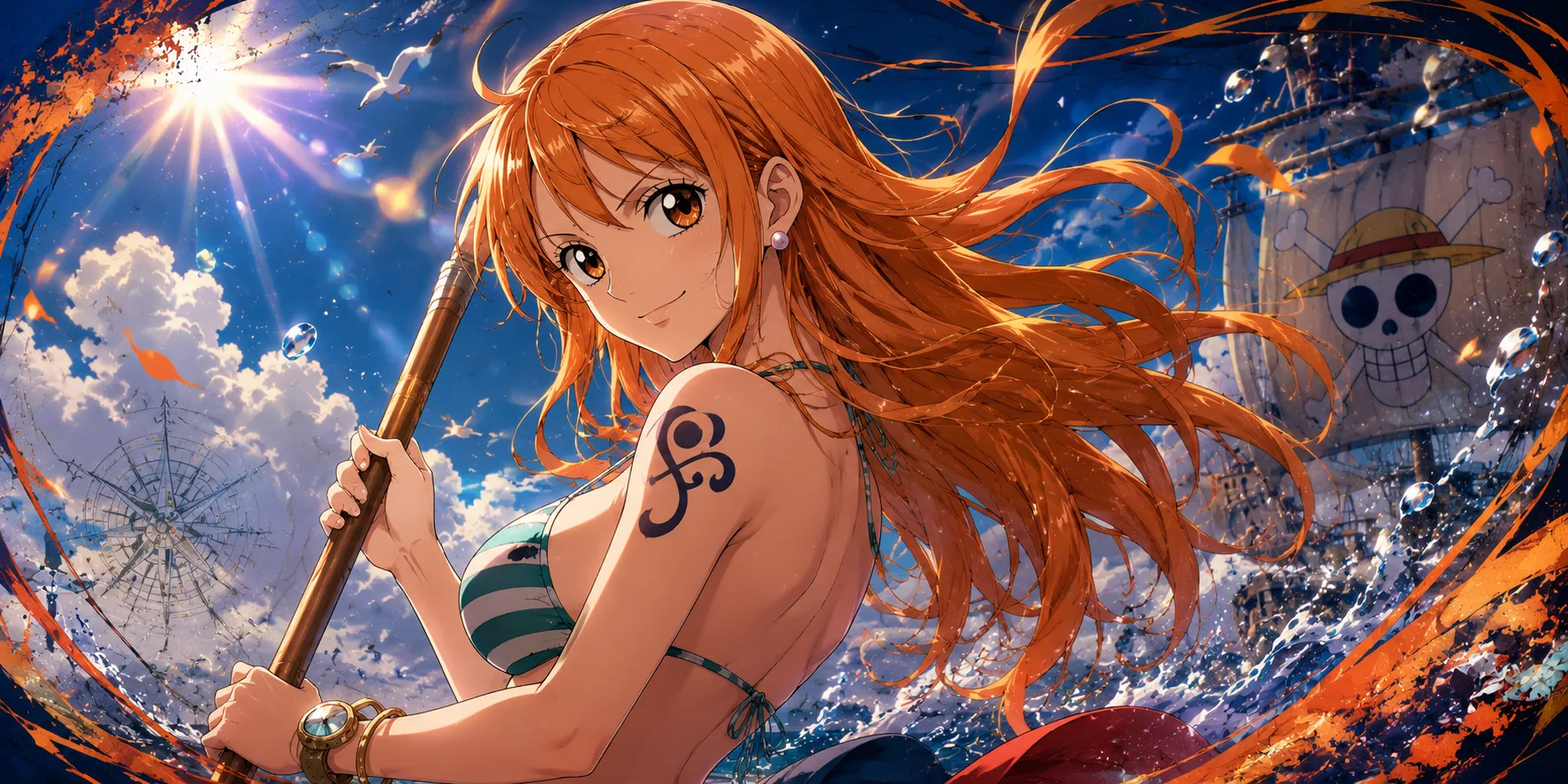 Nami from One Piece holding her Clima-Tact weapon, the Straw Hat Pirates' navigator and weather expert
