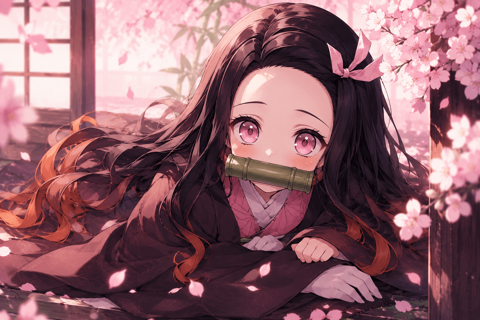 Nezuko Kamado from Demon Slayer with her bamboo muzzle and pink demon eyes