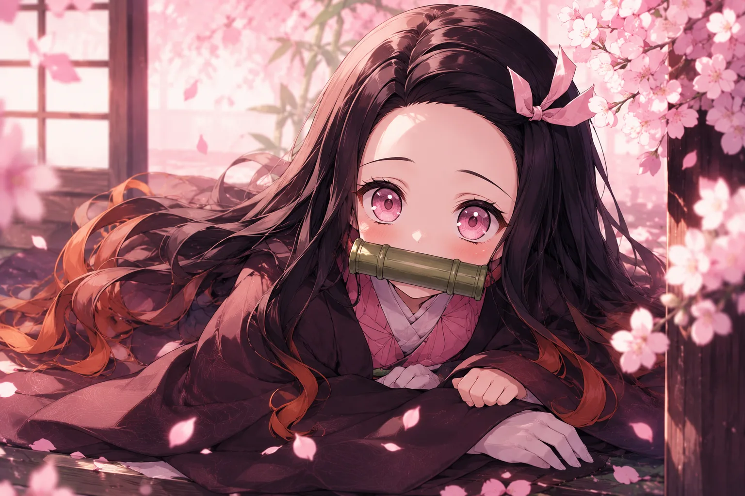 Nezuko Kamado from Demon Slayer with her bamboo muzzle and pink demon eyes