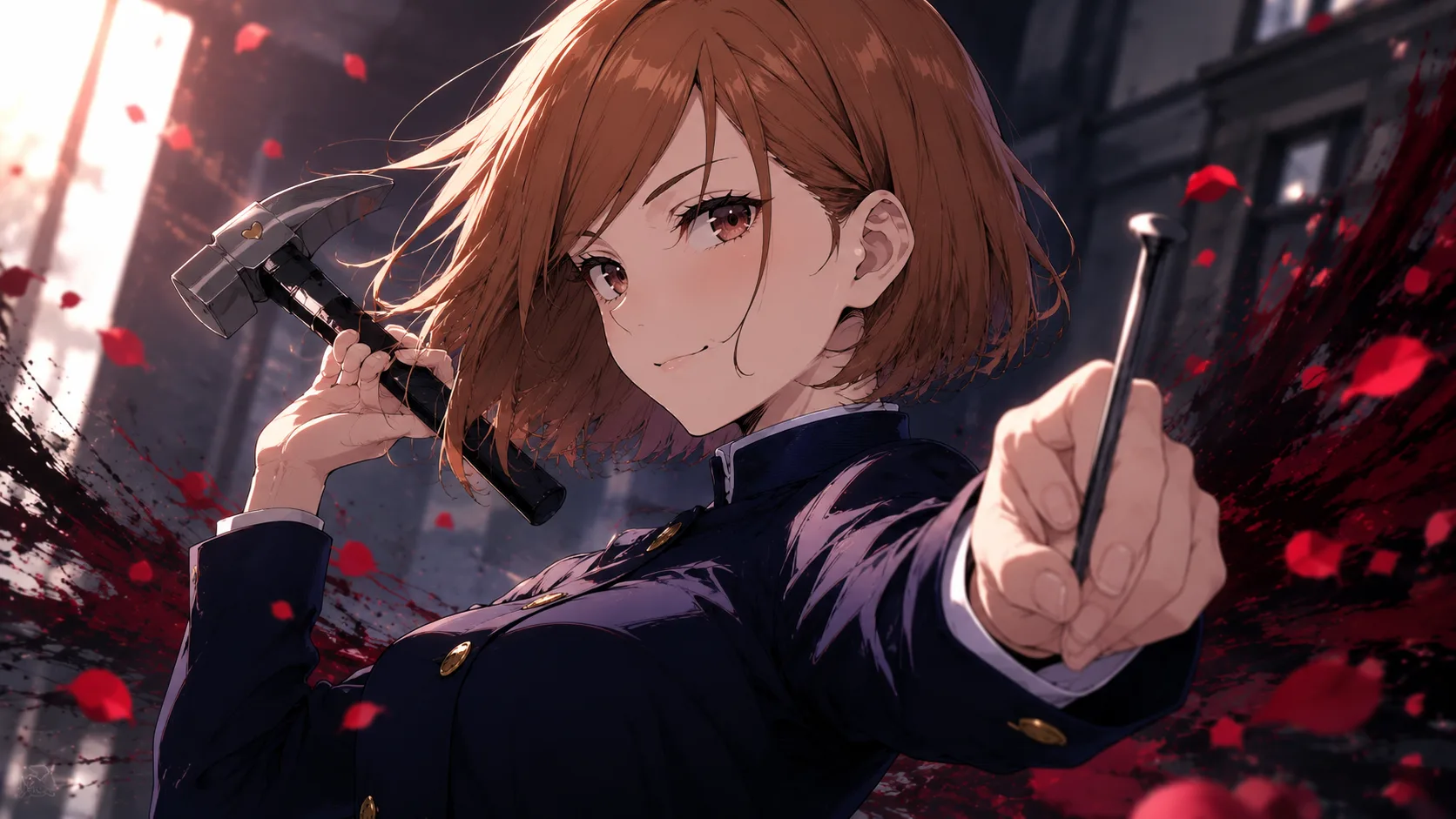 Nobara Kugisaki from Jujutsu Kaisen holding her cursed tool hammer and nails
