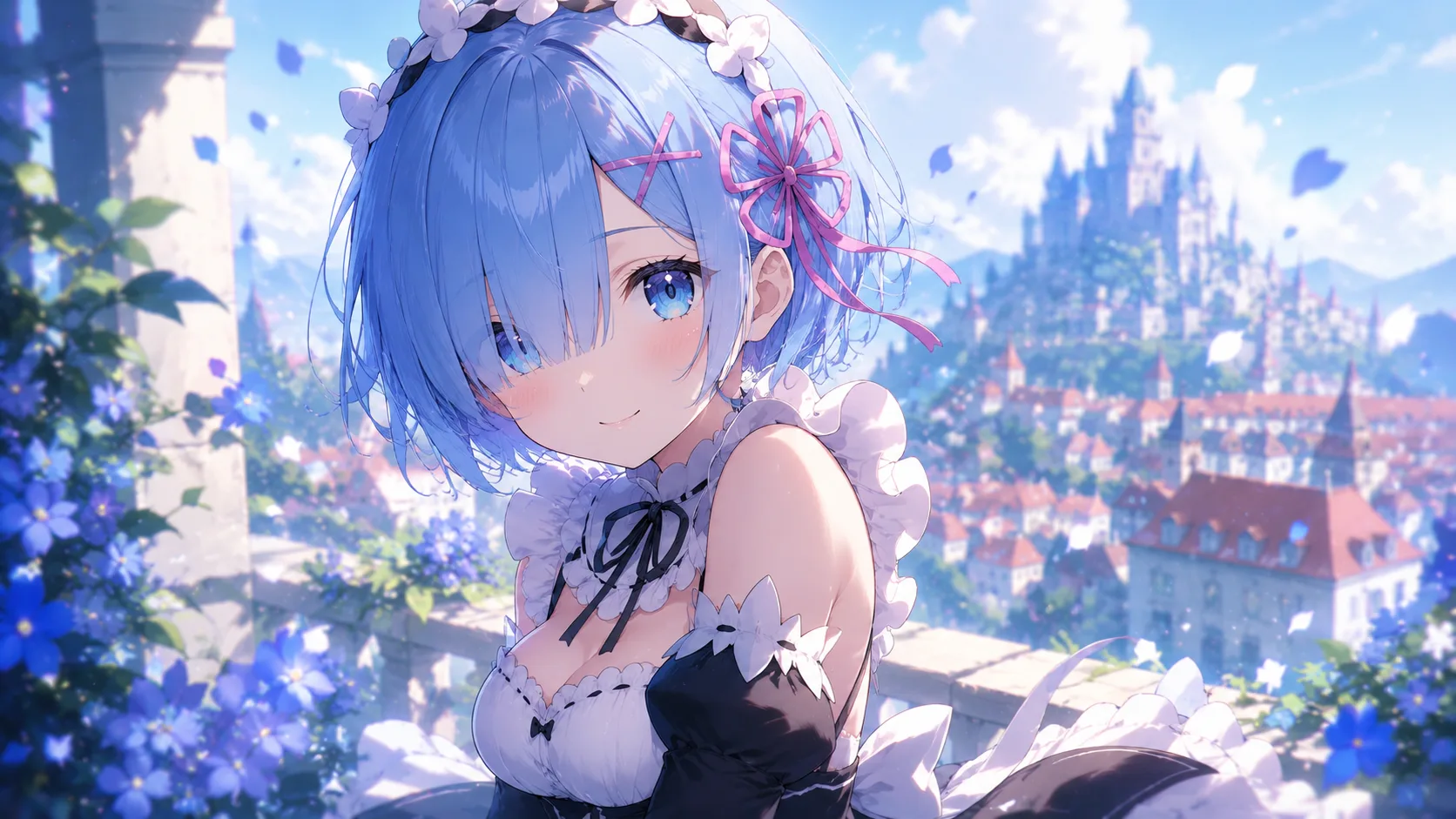 Rem from Re:ZERO wearing her blue maid uniform with her signature determined expression