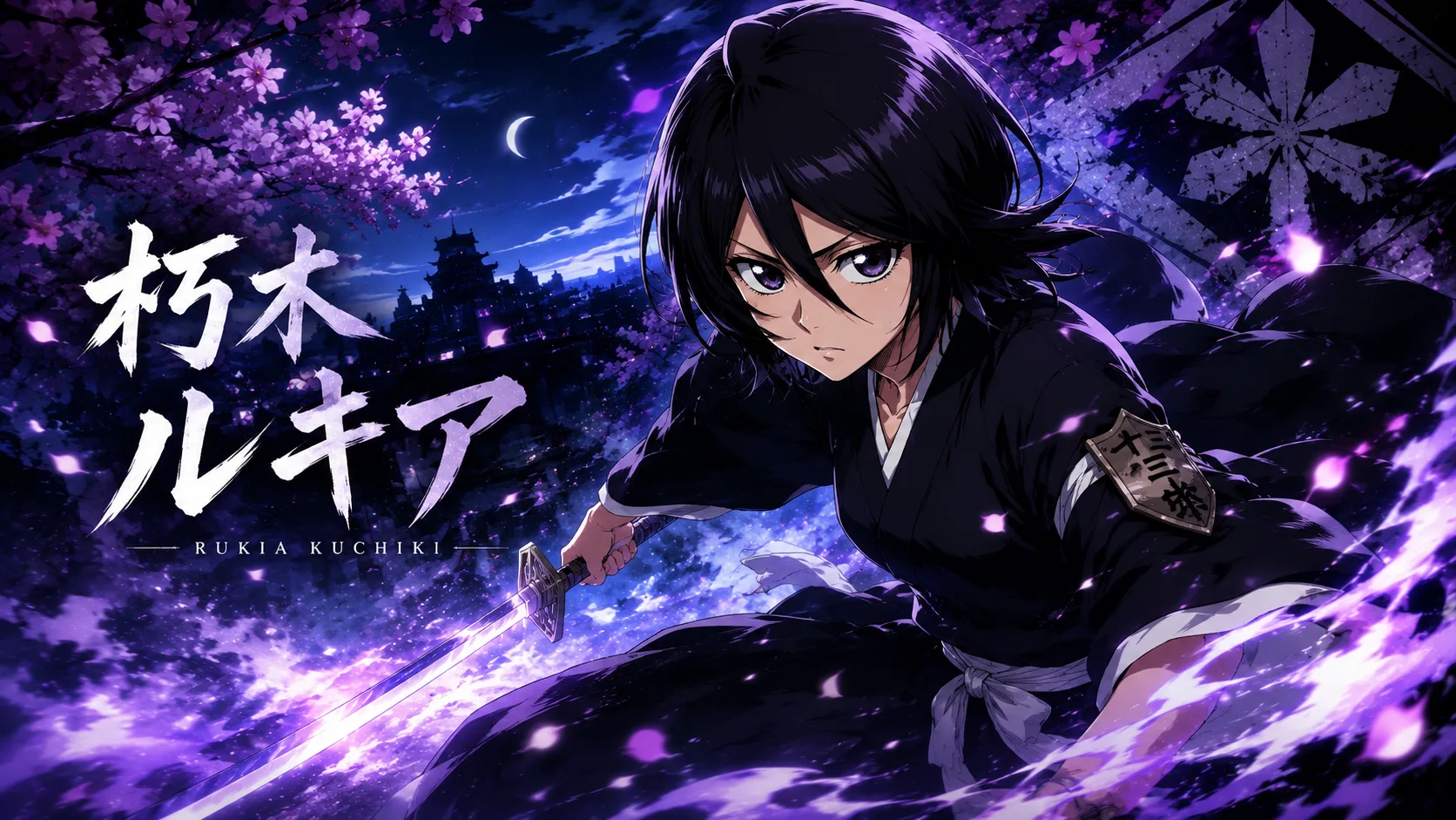 Rukia Kuchiki from Bleach in her Soul Reaper uniform, drawing her zanpakuto Sode no Shirayuki