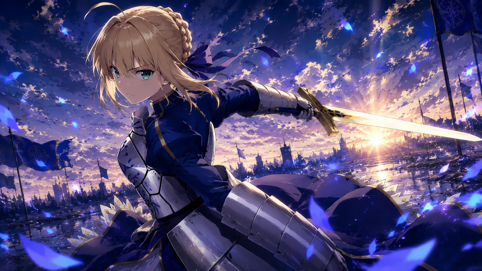 Saber, Artoria Pendragon, from the Fate series in golden armor wielding the holy sword Excalibur