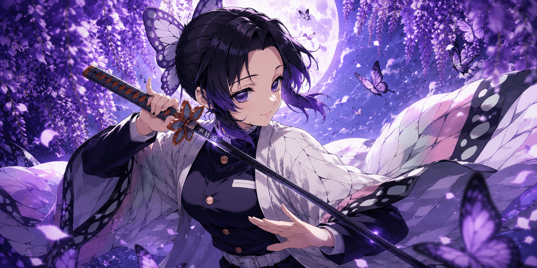 Shinobu Kocho from Demon Slayer in her purple Insect Hashira uniform with her signature calm smile