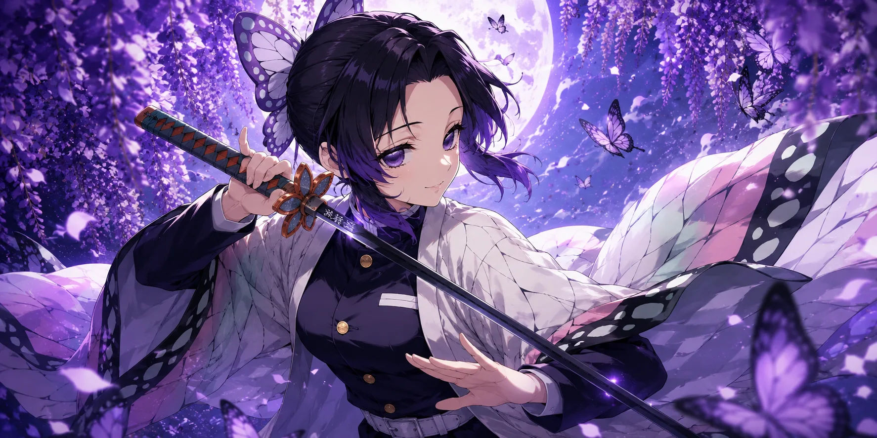 Shinobu Kocho from Demon Slayer in her purple Insect Hashira uniform with her signature calm smile