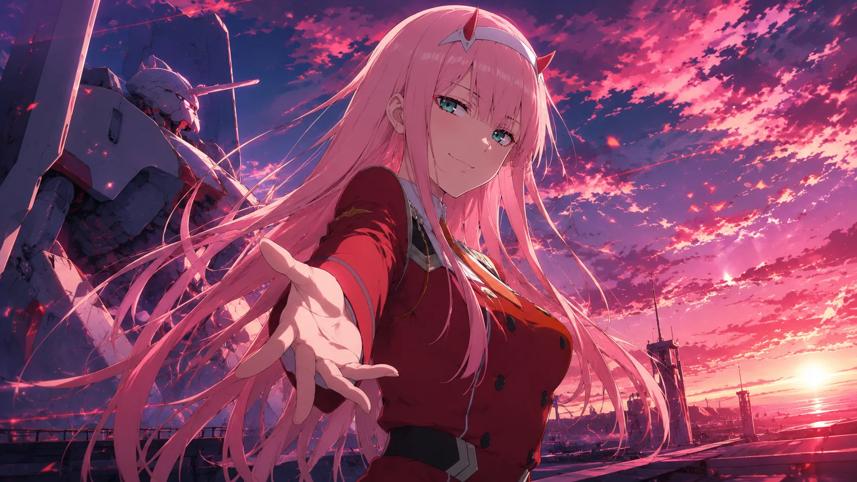 Zero Two from Darling in the Franxx with pink hair and red horns in her pilot suit